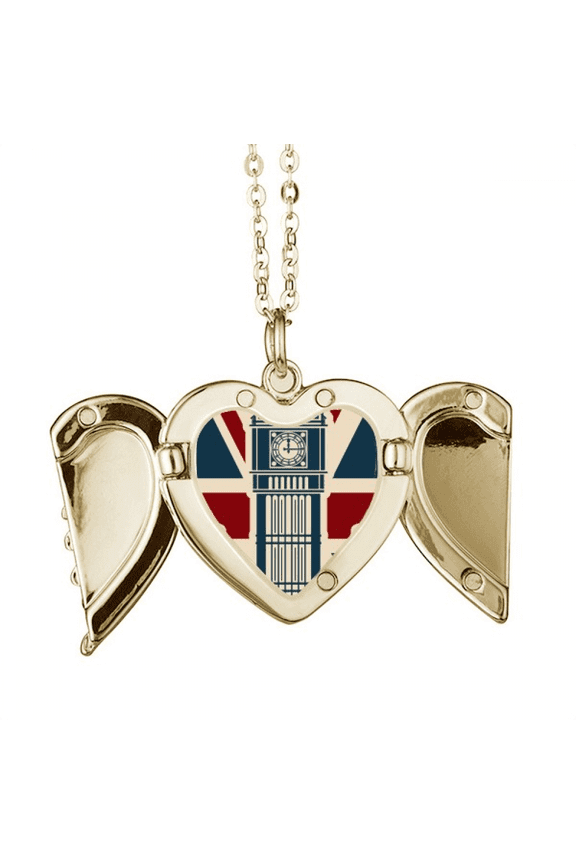 London Big Ben Union Jack United Kingdom UK Folded Wings Peach Heart Pendant Necklace