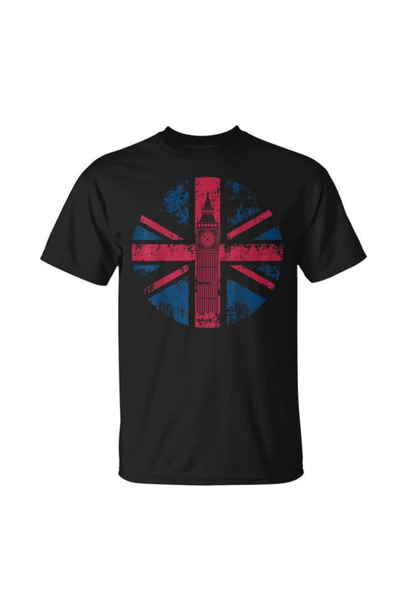 London Big Ben Union Jack Vintage UK Flag Cotton T-Shirt Unisex Adult Short Sleeve Casual Travel Souvenir Graphic Tee for British Pride Streetwear Daily Wear, Size S, Color Black