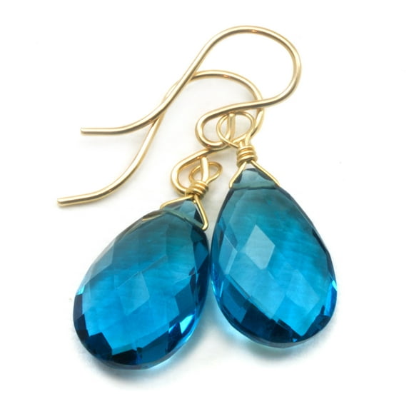 London Blue Dark Simulated Topaz Earrings Faceted Pear Shaped Teardrop Drops 14k Yellow Gold Filled Spyglass Designs