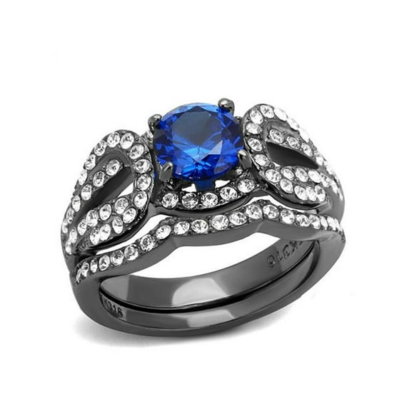 London Blue Synthetic Spinel Light Black Stainless Steel Womens Wedding Ring Set Size 5
