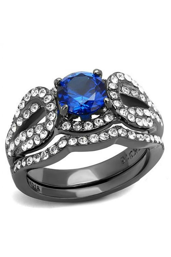 London Blue Synthetic Spinel Light Black Stainless Steel Womens Wedding Ring Set Size 5