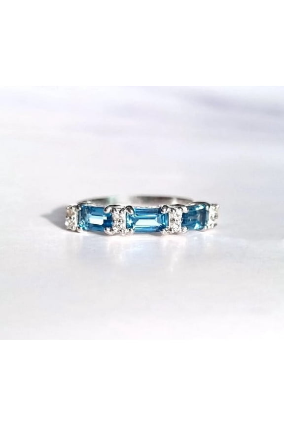 London Blue Topaz Emerald Cut Eternity Band Sterling Silver - Wedding, Promise Ring, Anniversary, Birthday, Valentine's Gift For Her Wife