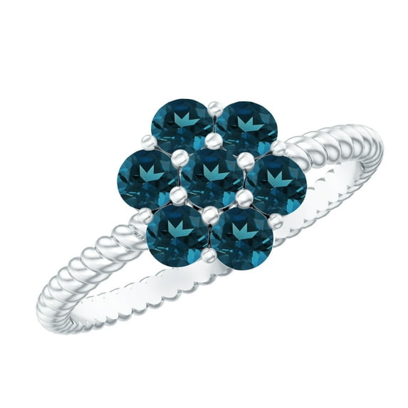 London Blue Topaz Flower Cluster Ring (1.25 CT, AAA Quality, Rosec Jewels), 10K White Gold, US 3.00