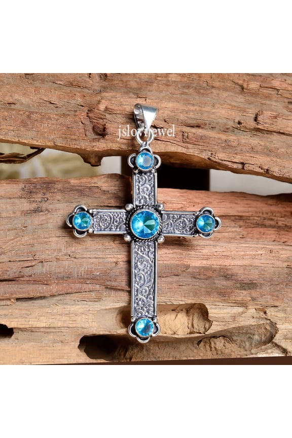 London Blue Topaz Gemstone 925 sterling silver Holy Cross Pendant Necklace