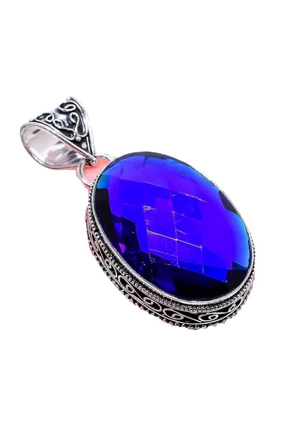 London Blue Topaz Gemstone Handmade 925 Sterling Silver Jewelry Pendant 2.17" AH-763