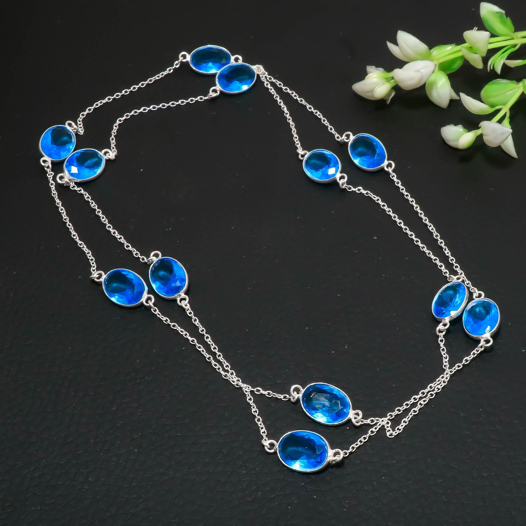 London Blue Topaz Gemstone Necklace Handmade Antique Gift Oval Shape Jewelry 36"