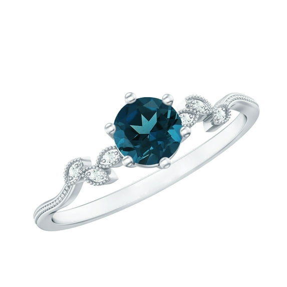 Rosec Jewels London Blue Topaz Promise Ring with Diamond, Beaded Leaf Ring - AAA Quality, 18K White Gold, US 8.00