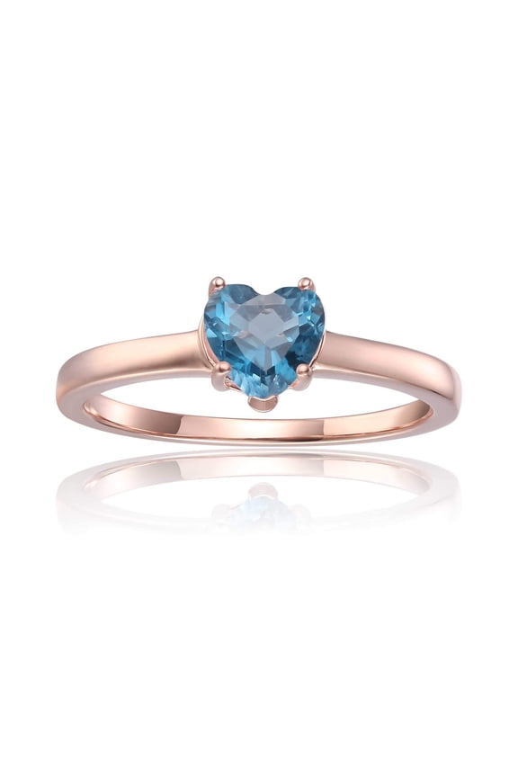 London Blue Topaz Ring – 1 Carat Sterling Silver, Rose Gold Plated Heart – December Birthstone Jewelry for Women