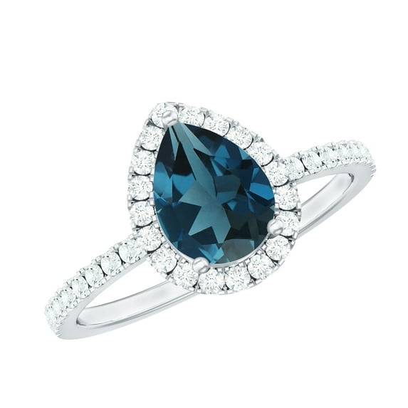 Rosec Jewels London Blue Topaz Teardrop Engagement Ring with Halo - Natural Blue Topaz Diamond Ring for Women, 14K White Gold, US 3.00