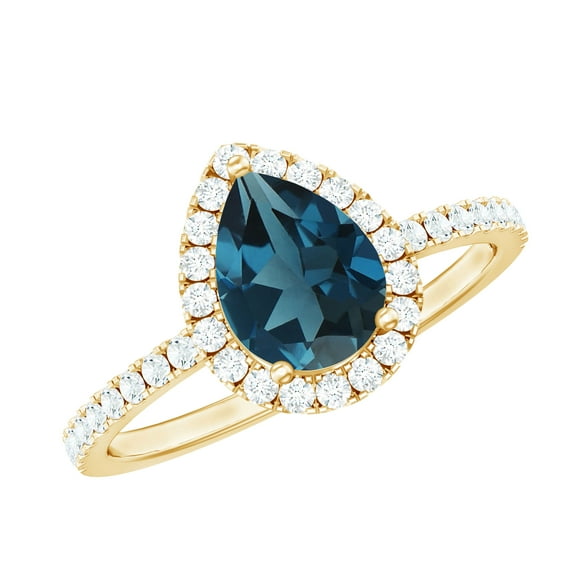 Rosec Jewels London Blue Topaz Teardrop Engagement Ring with Halo - Natural Blue Topaz Diamond Ring for Women, 18K Yellow Gold, US 7.00