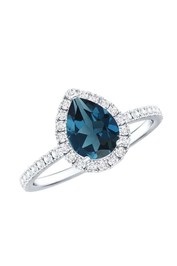 London Blue Topaz Teardrop Engagement Ring with Halo - Natural Blue Topaz Diamond Ring for Women, 925 Sterling Silver, US 4.00