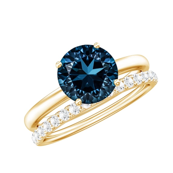London Blue Topaz Solitaire Bridal Ring Set with Diamond Enhancer (2 CT, AAA Grade), 10K Yellow Gold, US 7.00