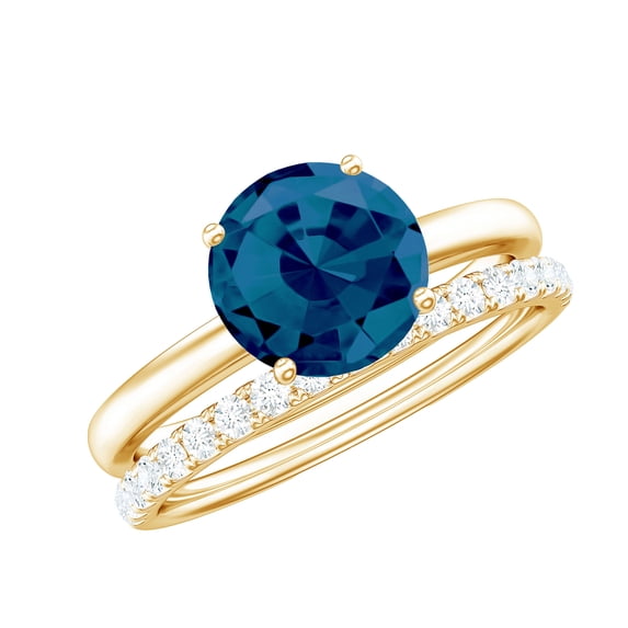 Rosec Jewels London Blue Topaz Solitaire Bridal Ring Set with Diamond Enhancer (2 CT, AAA Grade), 18K Yellow Gold, US 4.00