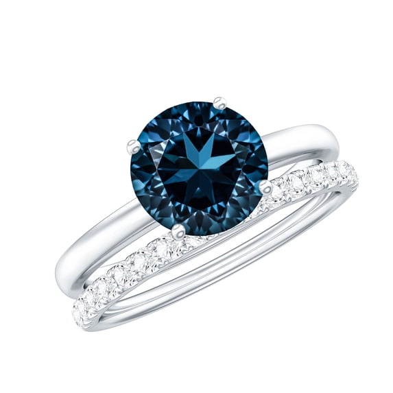 London Blue Topaz Solitaire Bridal Ring Set with Diamond Enhancer (2 CT, AAA Grade), 925 Sterling Silver, US 4.00