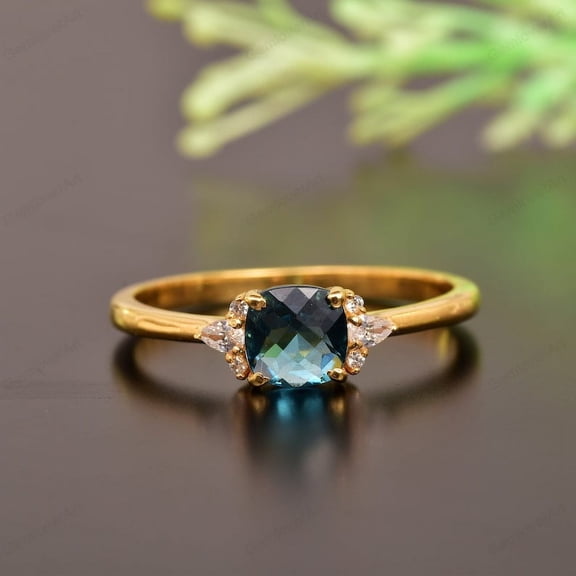 London Blue Topaz Solitaire Ring Checker Cut Cushion Shape Blue Topaz Engagement Ring Yellow Gold Plated Statement Ring, Thanksgiving Gift