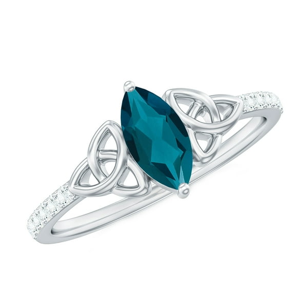 Rosec Jewels London Blue Topaz Engagement Ring with Celtic Knot - Blue Topaz Diamond Ring (4X8 mm Marquise Shape, AAA Quality), 10K White Gold, US 4.50