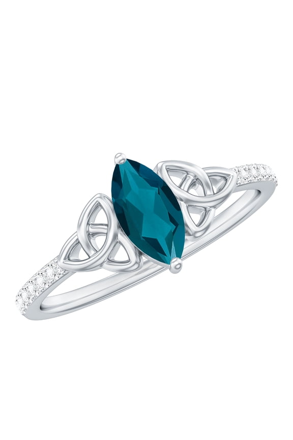 London Blue Topaz Engagement Ring with Celtic Knot - Blue Topaz Diamond Ring (0.7 Ct Marquise Shape, AAA Quality), 925 Sterling Silver, US 4.00
