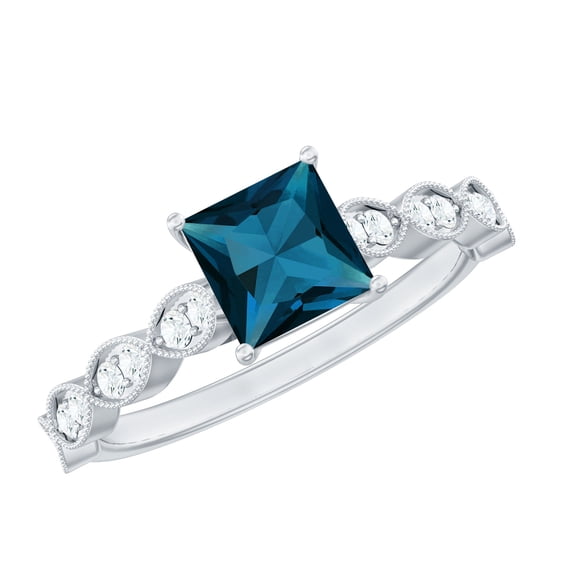 Rosec Jewels Real London Blue Topaz Princess Cut Engagement Ring with Side Stones - Blue Topaz Diamond Ring (6 mm, AAA Quality), 925 Sterling Silver, US 10.50