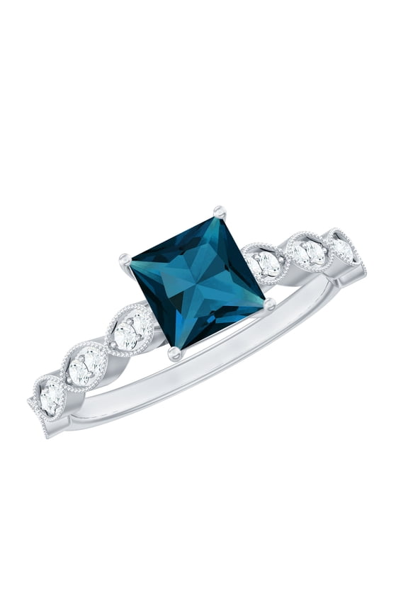 Real London Blue Topaz Princess Cut Engagement Ring with Side Stones - Blue Topaz Diamond Ring (1 Carat, AAA Quality), 925 Sterling Silver, US 4.00