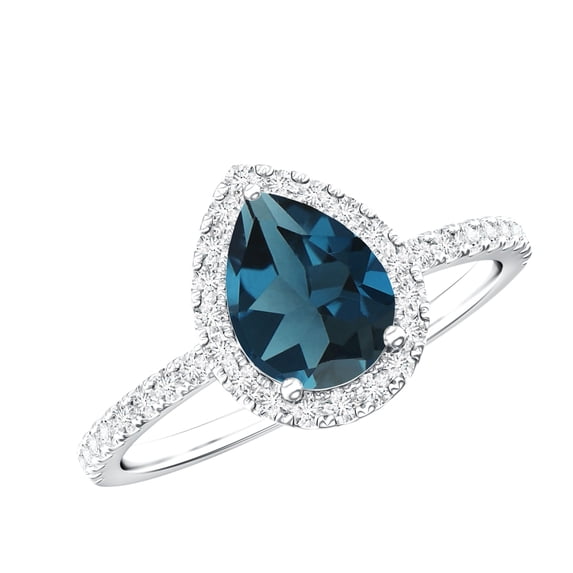 Rosec Jewels Real London Blue Topaz Teardrop Engagement Ring with Halo (6X8 mm Pear Shaped, AAA Grade) Jewelry Box included, 10K White Gold, US 12.50