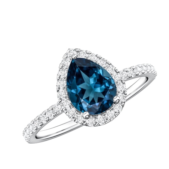 Rosec Jewels London Blue Topaz Teardrop Engagement Ring with Halo (1 Carat, AAA Grade) - Blue Topaz Diamond Ring - with Jewelry Box, 14K White Gold, US 7.00