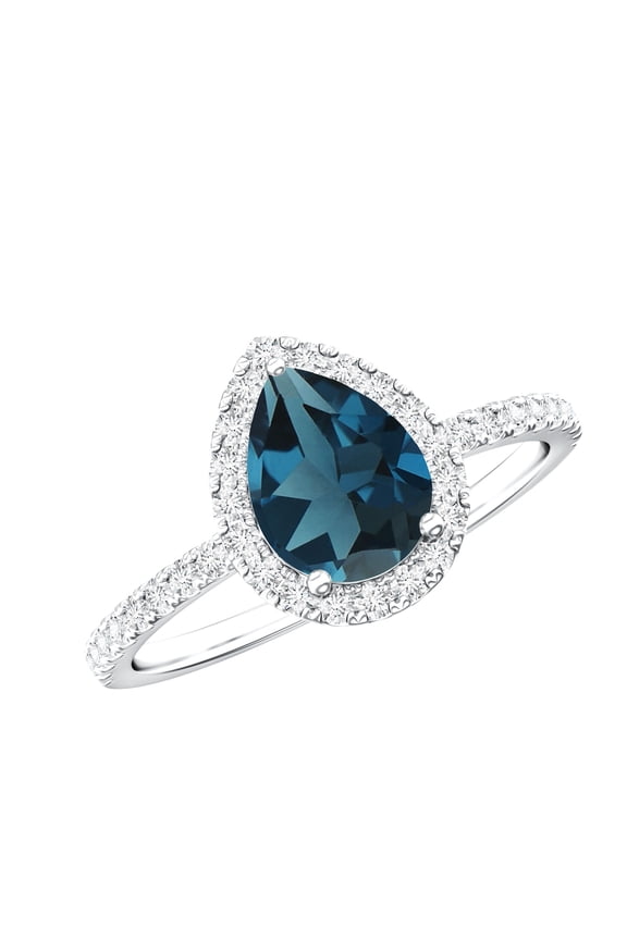London Blue Topaz Teardrop Engagement Ring with Halo (1 Carat, AAA Grade) - Blue Topaz Diamond Ring - with Jewelry Box, 925 Sterling Silver, US 4.00