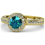 London Blue Topaz and Diamond Milgrain Work Halo Engagement Ring 1.54 ct tw in 14K Yellow Gold.size 7.0