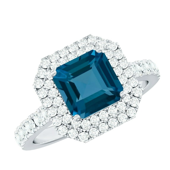Rosec Jewels Art Deco London Blue Topaz Engagement Ring - 8mm Asscher Cut - AAA Grade - Blue Topaz Ring with Moissanite Halo, 14K White Gold, US 10.50