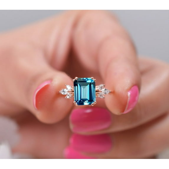London Blue Topaz and simulated diamond Flower Ring, Anniversary Gift For Her Women, Blue Topaz Bridal Wedding Ring, Personalized Gifts, Natural Blue Topaz Ring