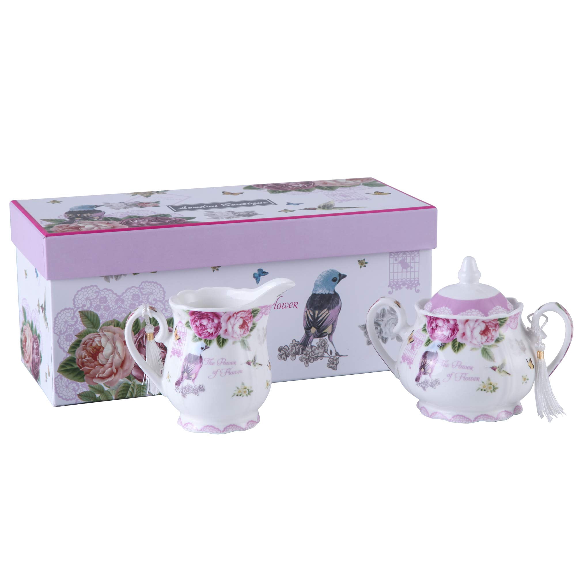 London Boutique Vintage Floral Porcelain Tea Set - 40oz Teapot With Sugar Bowl & Cream Jug In Gift Box