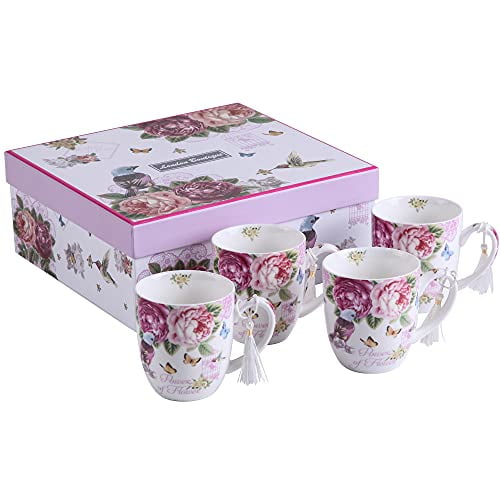 London Boutique Tea Coffee Cup Mug Set 4 Porcelain Bird Rose Butterfly Shabby Chic design in Gift Box 330ML 11oz