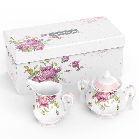 London Boutique Teapot Set, 1300ml Bone China, Vintage Flora, Includes Milk Jug & Sugar Bowl, Gift Box