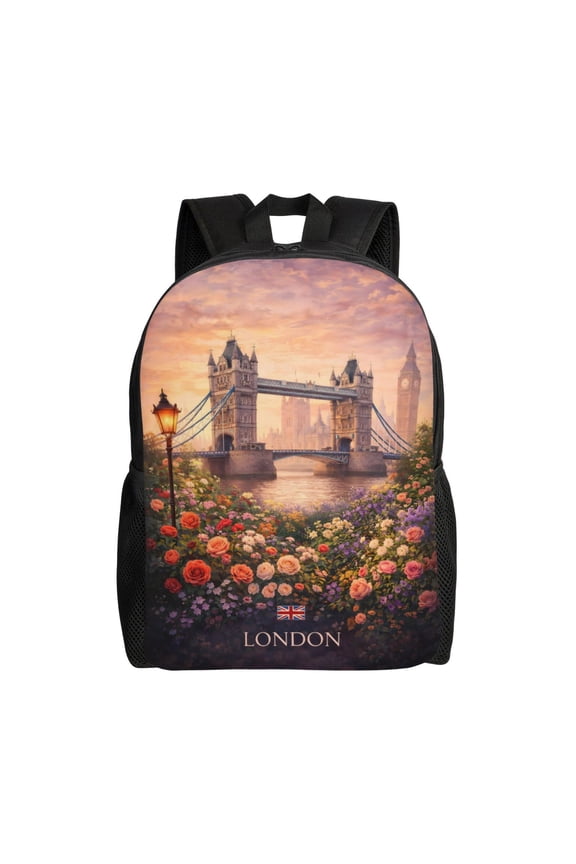 London Bridge Floral Landscape Backpack Full Front Print Travel Laptop Bag for Men and Women