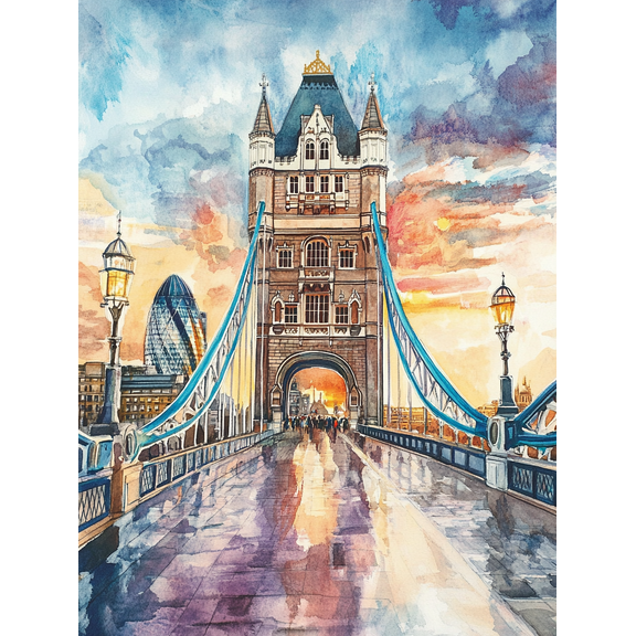 London Bridge Sunset Watercolor Painting/Canvas Print Suitable for Living Room Bedroom Office Hallway and Gallery Wall Decor.