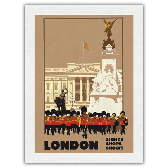 London - British Regimental Band at Buckingham Palace - Victoria Memorial - Vintage Travel Poster by Fred Taylor c.1920s - Japanese Unryu Rice Paper Art Print (Unframed) 18 x 24 in