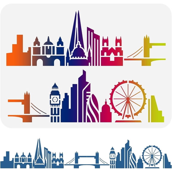 London City Skyline Stencil 11.7x8.3 inch Reusable City Buildings Wall Border Stencil Hollow Out Skyscraper Big Ben Bridge Stencil Template for Painting on Wall Tiles Furniture Black DIY