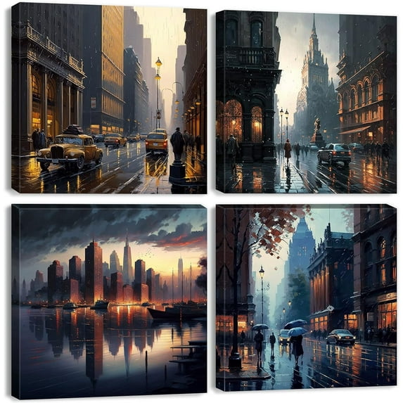 London City Wall Art 4 Piece Paris Skyline Landscape Canvas Paintings Decor 12x12" Sunset Building Cityscape Panoramic Pictures Modern Artwork for Living Room Bedroom Bathroom Office Home Decorations