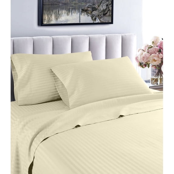 London Collection 600 Thread Count Wrinkle Resistant Woven Stripe 100% Egyptian Cotton 3 Piece Sheet Set (Twin, Ivory)