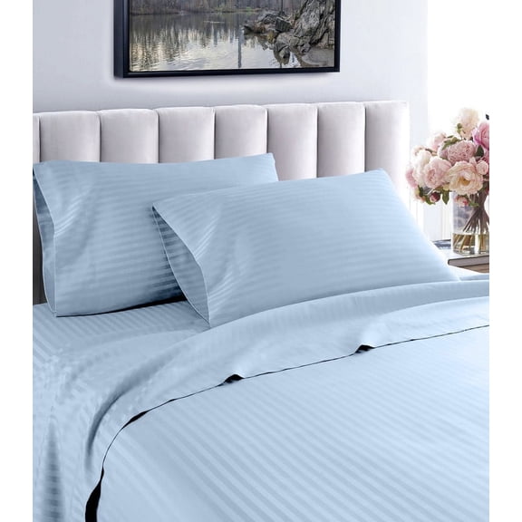 London Collection 600 Thread Count Wrinkle Resistant Woven Stripe 100% Egyptian Cotton 4 Piece Sheet Set (Full, Blue)