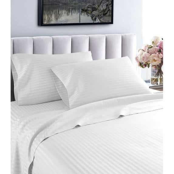 London Collection 600 Thread Count Wrinkle Resistant Woven Stripe 100% Egyptian Cotton 4 Piece Sheet Set (Full, White)