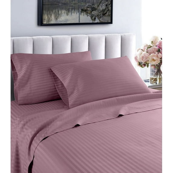 London Collection 600 Thread Count Wrinkle Resistant Woven Stripe 100% Egyptian Cotton 4 Piece Sheet Set (King, Purple)