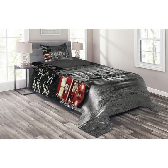 London Coverlet Set, Greyscale United Kingdom Composition Double Decker Bus Architecture, Decorative Quilted Bedspread Set with Pillow Shams Included, Grey Vermilion Dark Grey, by Ambesonne