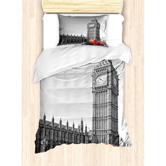 London Duvet Cover Set, Big Ben and Double Decker Bus Tourist Attractions Capital of England, Decorative 2 Piece Bedding Set with 1 Pillow Shams, Twin Size, Pale Grey Vermilion Grey, by Ambesonne