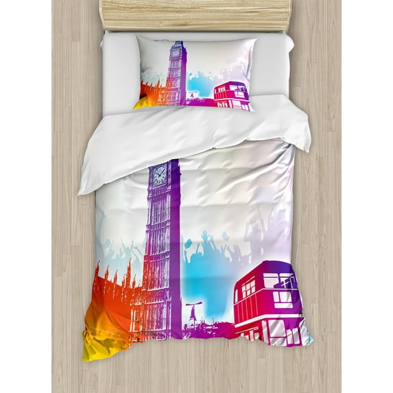 London Duvet Cover Set, Historical Big Ben and Bus Bell Clock Tower UK Europe Street Landmark, Decorative 2 Piece Bedding Set with 1 Pillow Shams, Twin Size, Purple Red Yellow, by Ambesonne