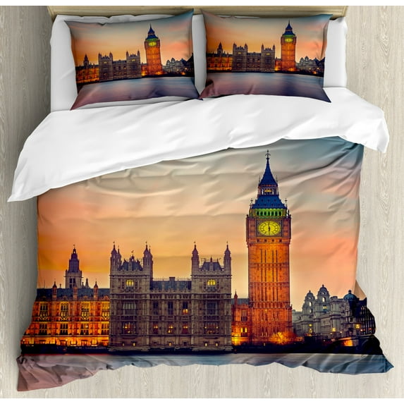 London Duvet Cover Set King Size, Fairy View of Big Ben and Houses of Parliament at Dusk in London British Urban Town, Decorative 3 Piece Bedding Set with 2 Pillow Shams, Multicolor, by Ambesonne