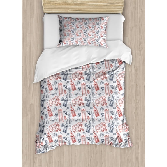 London Duvet Cover Set Twin Size, Popular English Icons Country Culture Tourist Attraction Travel Theme, Decorative 2 Piece Bedding Set with 1 Pillow Sham, Dark Blue Vermilion White, by Ambesonne