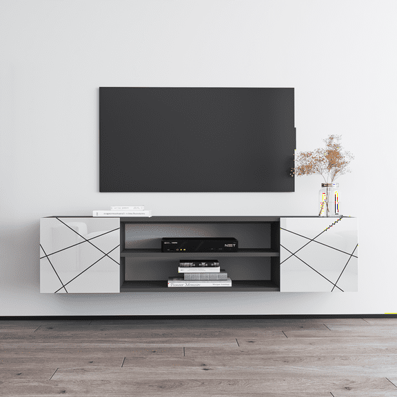 London EF TV Stand for TVs up to 70", Modern High Gloss 63" Entertainment Center, TV Media Console with Storage Cabinets