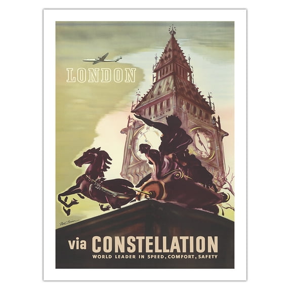 London England - Big Ben - via Lockheed Constellation (Connie) - Vintage Travel Poster by Noël Quinn c.1946 - Bamboo Fine Art 290gsm Paper Print (Unframed) 24x32in