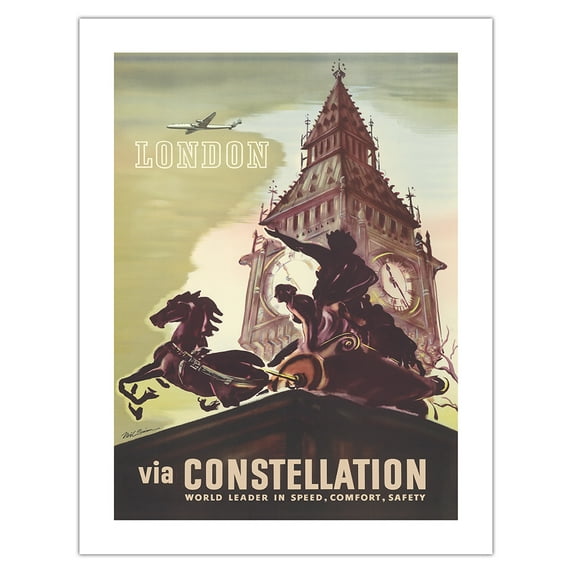 London England - Big Ben - via Lockheed Constellation (Connie) - Vintage Travel Poster by Noël Quinn c.1946 - Bamboo Fine Art 290gsm Paper (Unframed) 17x22in