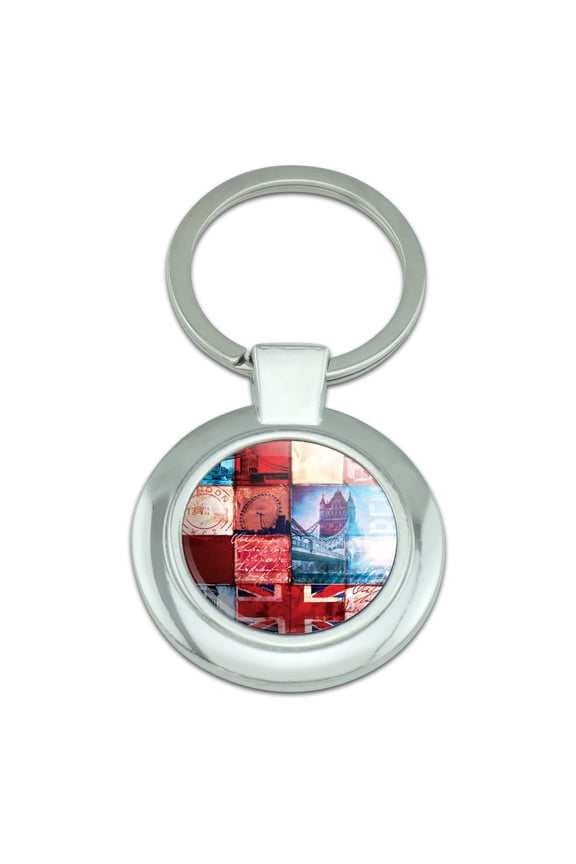 London England Britain Bridge Tile Collage Keychain Classy Round Chrome Plated Metal